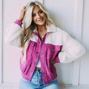 Two-Tone Sherpa Jacket in Cream & Berry